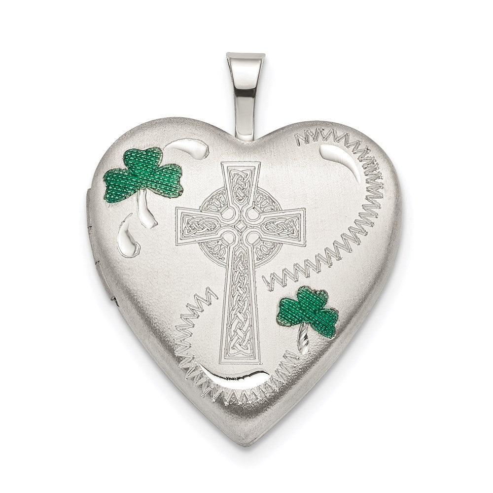 Sterling Silver Rhod-pltd 20mm Green Enamel Clover/Cross Heart Locket, 25.1 x 19.6 mm