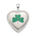 Sterling Silver 16mm Green Enamel Clover Heart Locket, 21.2 x 16 mm