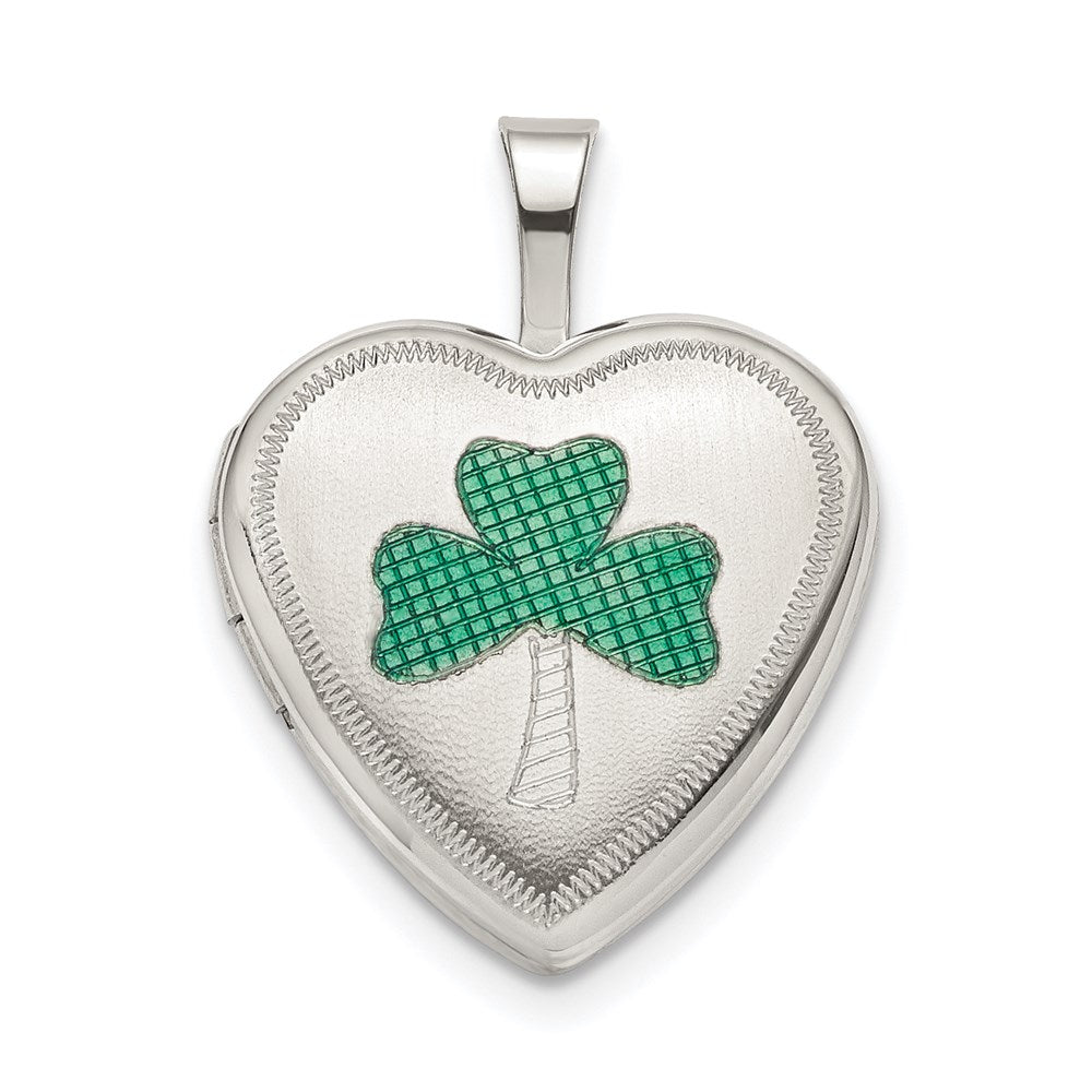 Sterling Silver 16mm Green Enamel Clover Heart Locket, 21.2 x 16 mm