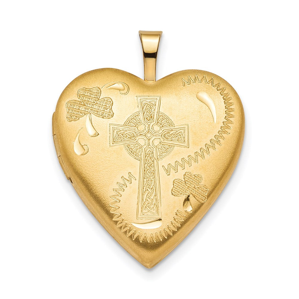 Sterling Silver Gold-plated 20mm Clover & Cross Heart Locket, 25 x 19.5 mm