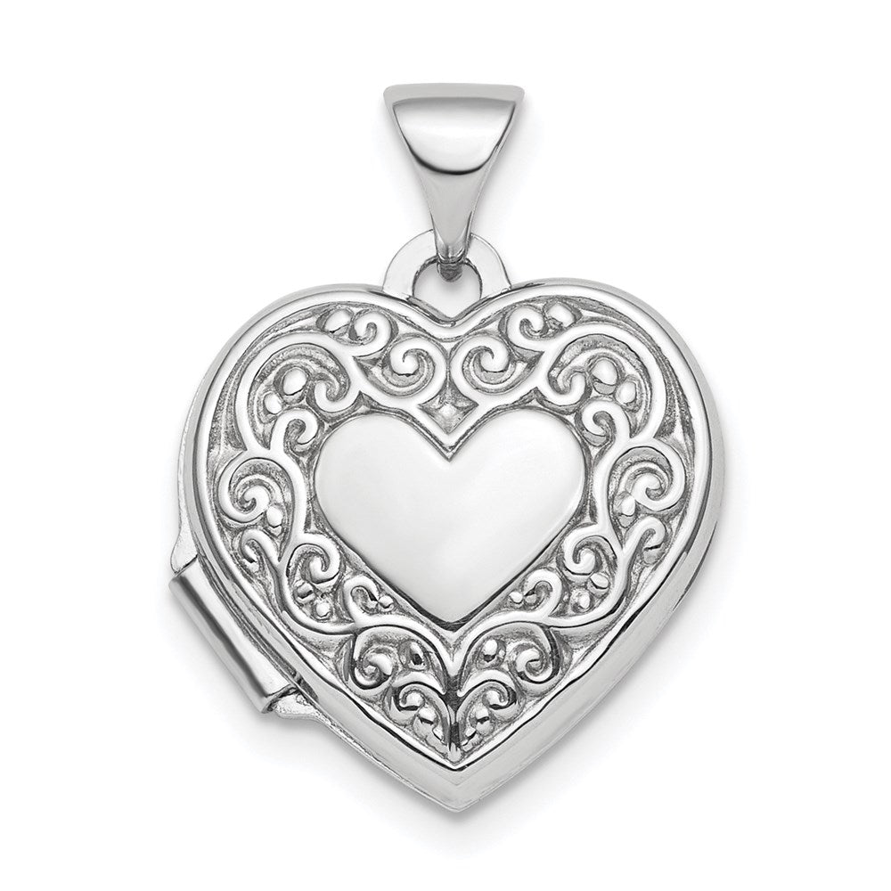 Sterling Silver Rhod-plated Scroll Border Reversible 15mm Heart Locket, 20.9 x 15.55 mm