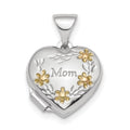 Sterling Silver Rhodium-plated & Gold-tone Floral Mom Heart Locket, 17.75 x 12.2 mm
