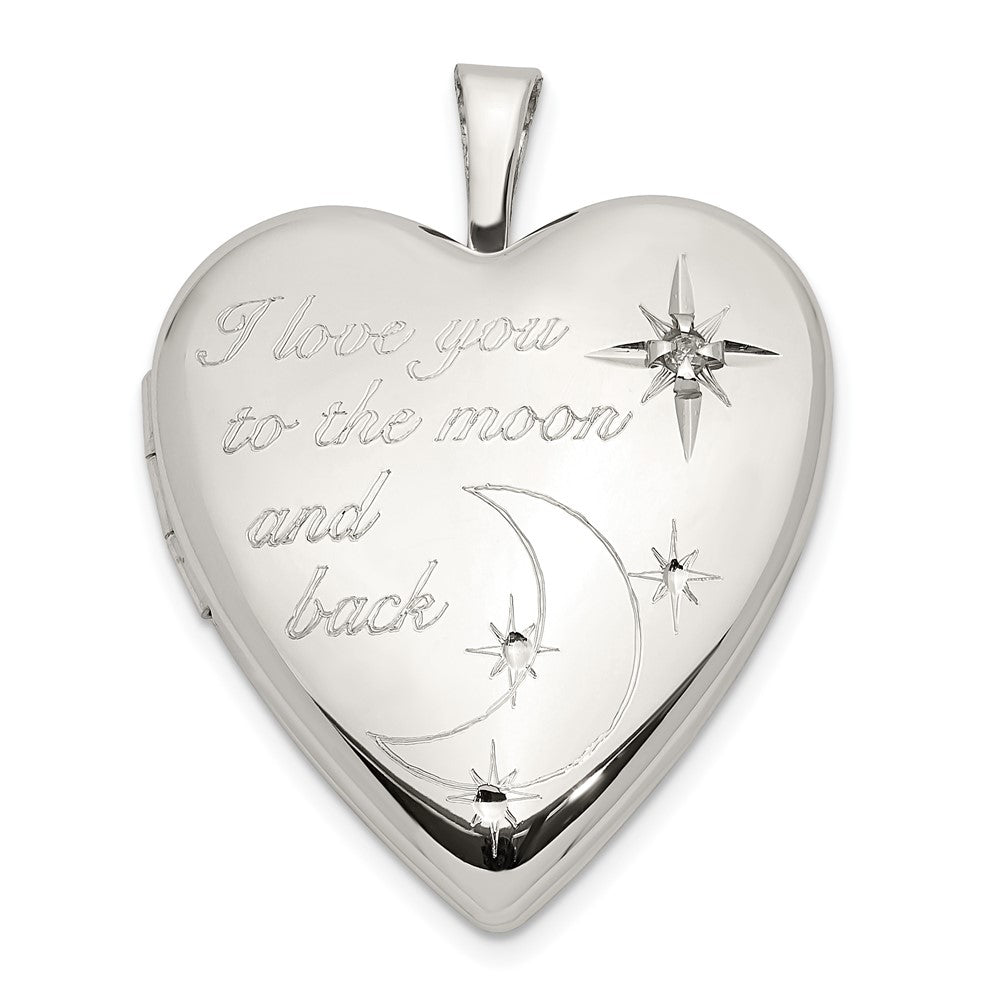 Sterling Silver Rhod-pltd 20mm LOVE TO THE MOON Diamond Heart Locket, 0.015 ct, 25 x 19.5 mm