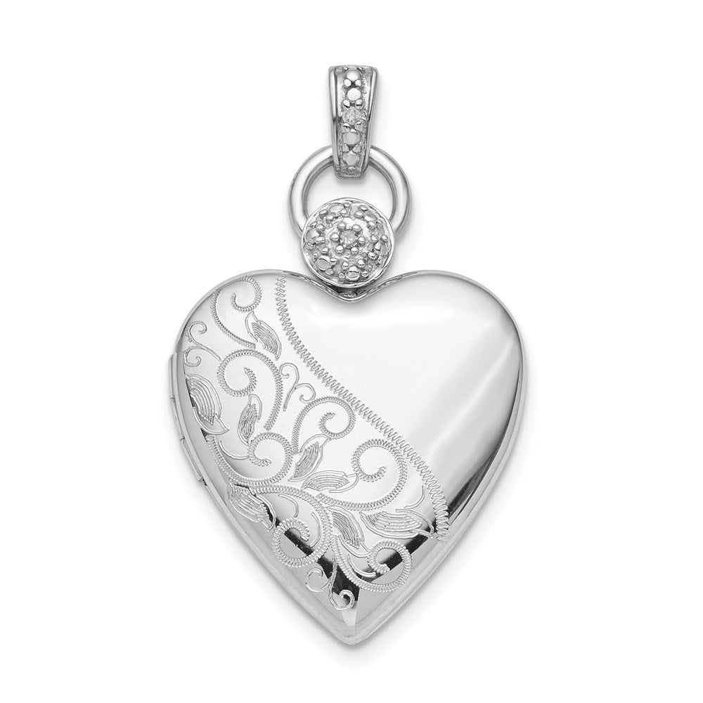 Sterling Silver Rhodium-plated 21mm Heart Dia. Accent D/C Satin Locket, 0.01 ct, 32.4 x 19.6 mm