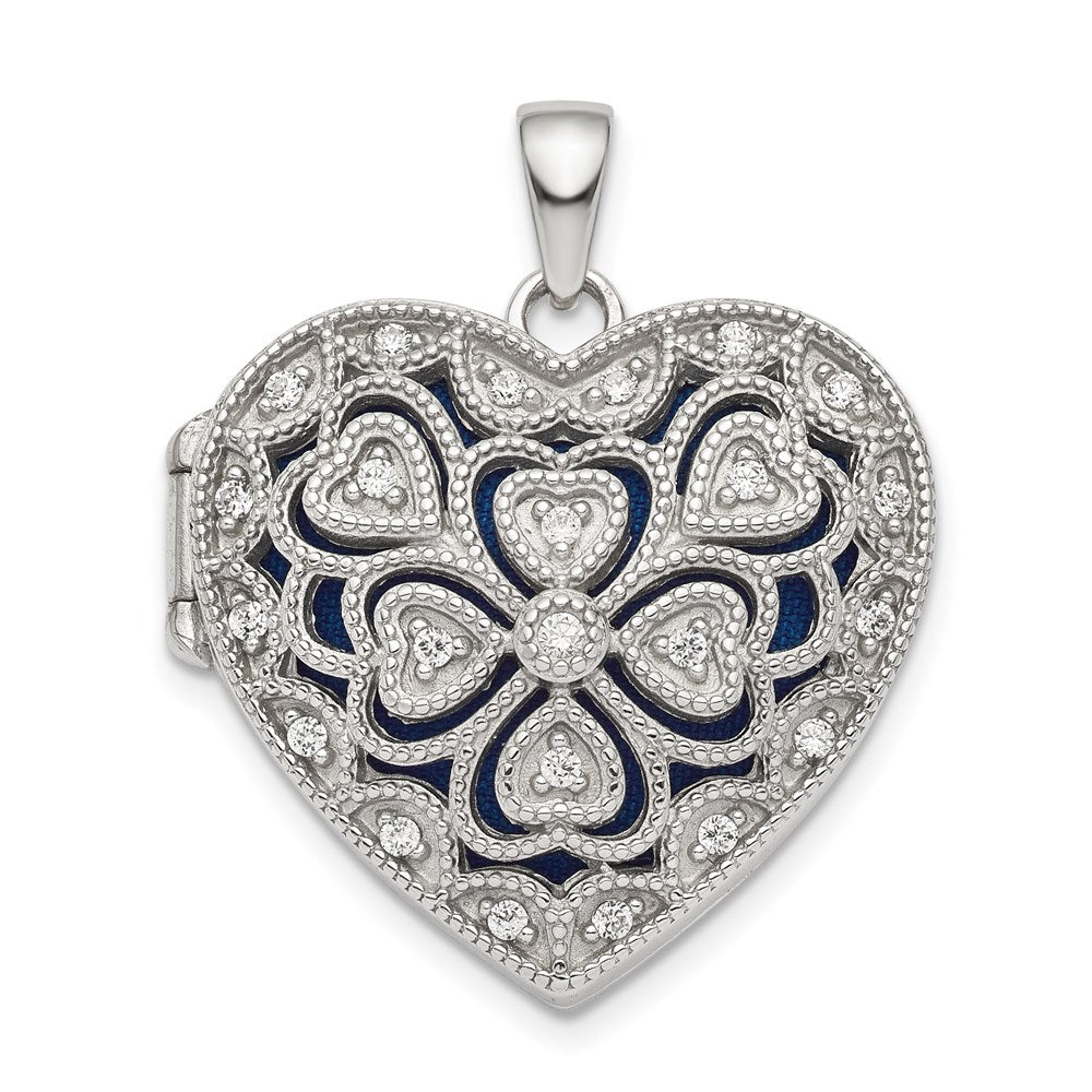 Sterling Silver Rhodium-plated Fancy CZ Heart Locket, 30.75 x 24.25 mm