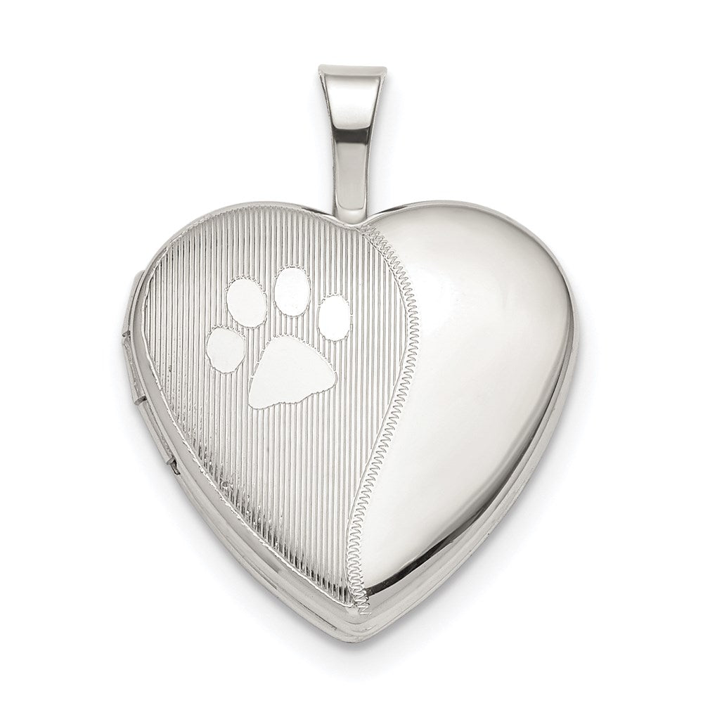 Sterling Silver Rhodium-plated 16mm Paw Print Heart Locket, 21.7 x 16.15 mm