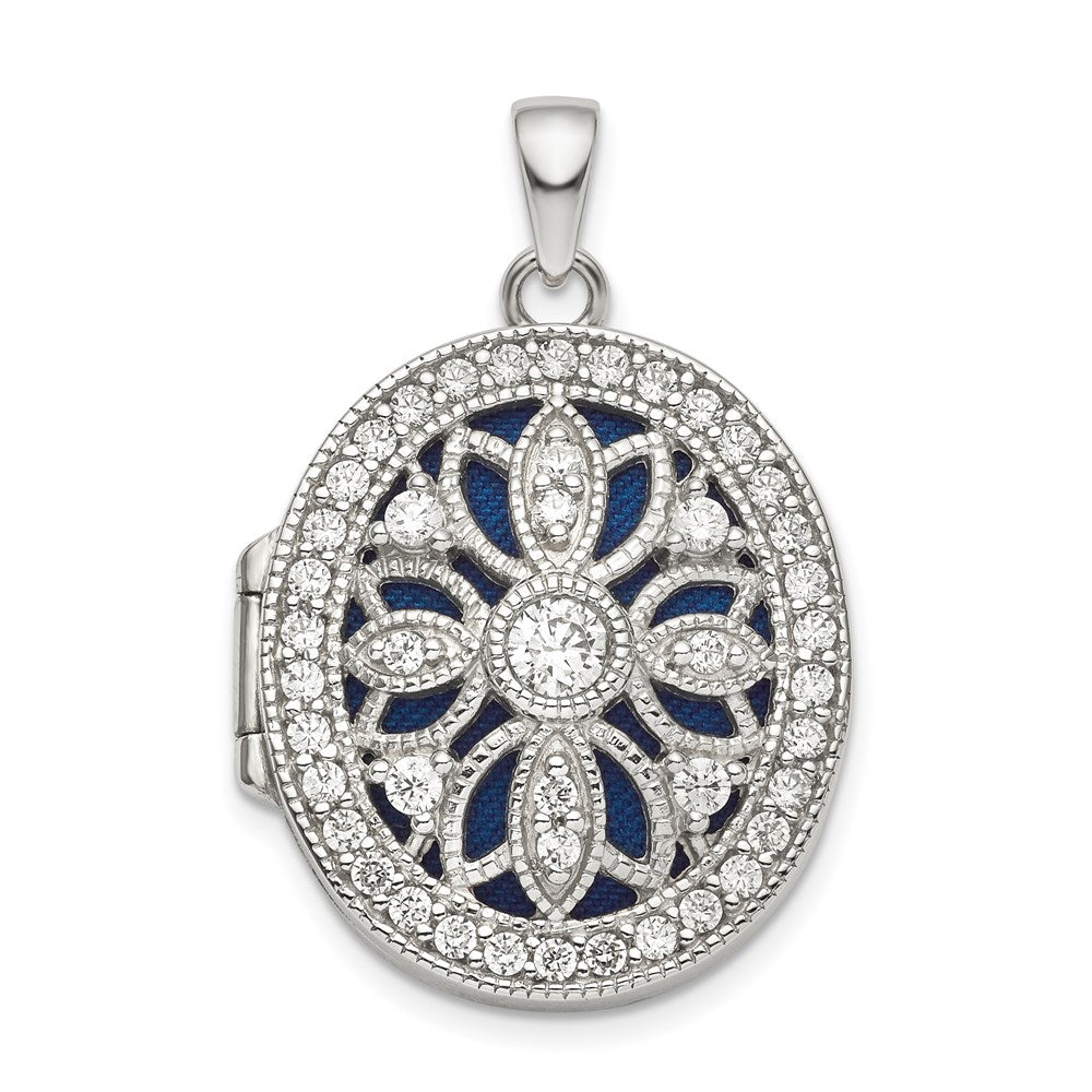 Sterling Silver Rhodium-plated Fancy CZ Oval Locket, 32 x 21.4 mm