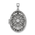 Sterling Silver Rhodium-plated CZ Filigree Top Polished Back Oval Locket, 30.9 x 19.25 mm