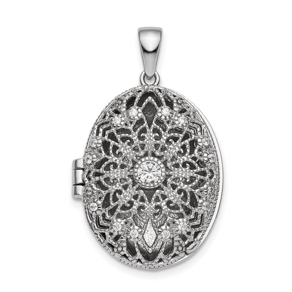 Sterling Silver Rhodium-plated CZ Filigree Top Polished Back Oval Locket, 30.9 x 19.25 mm