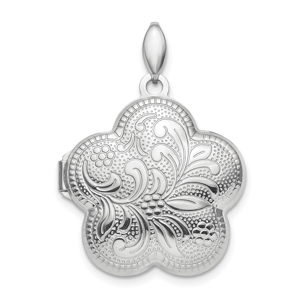 Sterling Silver Rhodium-plated Polished 21mm Domed Swirl Flower Locket, 29.1 x 21.9 mm