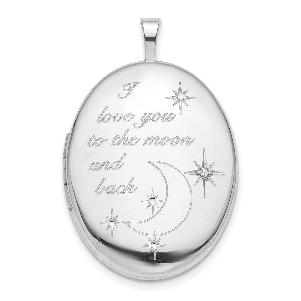 Sterling Silver Rhod-pltd 20mm LOVE TO THE MOON Diamond Oval Locket, 0.015 ct, 31.5 x 20.5 mm