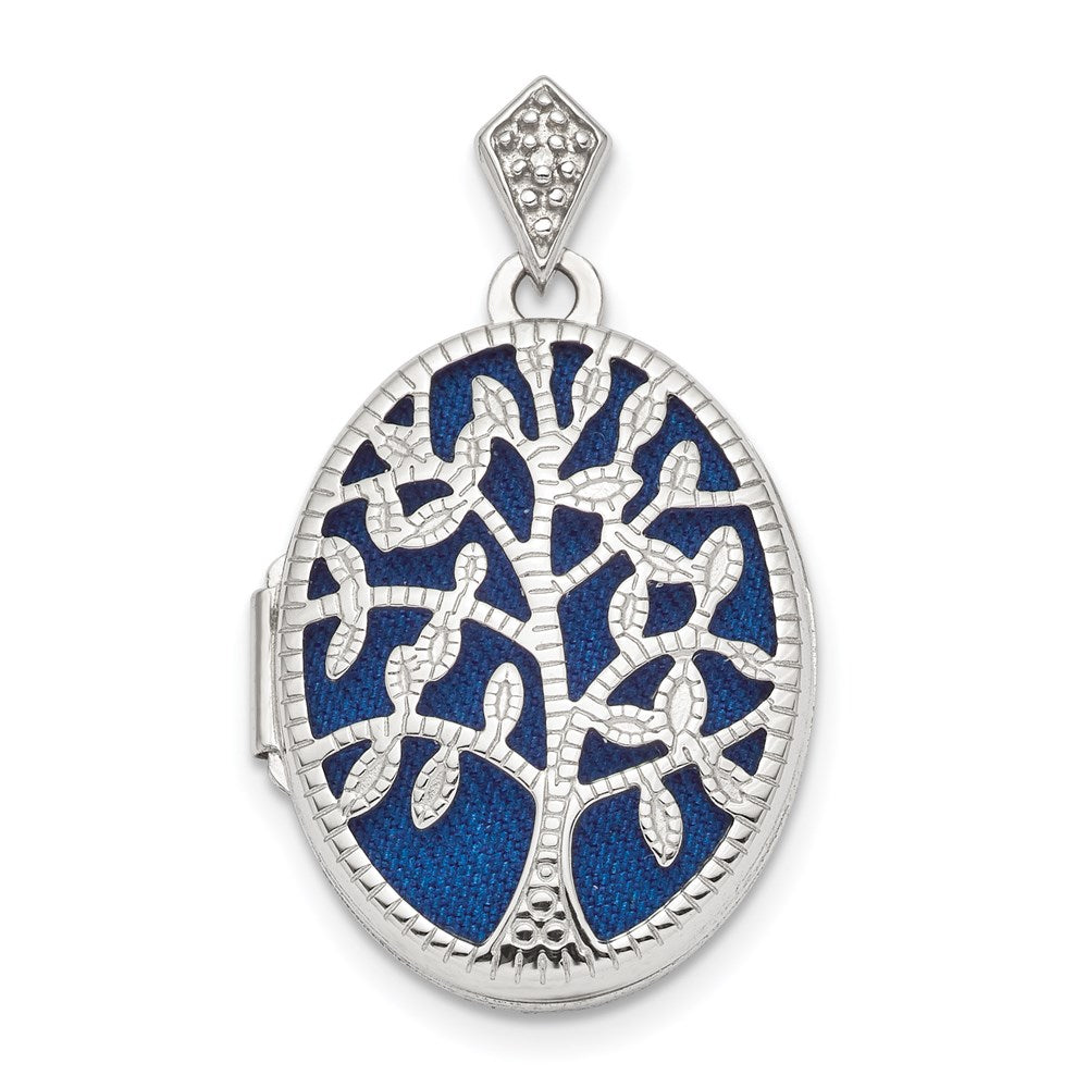 Sterling Silver Rhodium-plate Polished & Textured Diamond Tree Locket, 0.005 ct, 28.7 x 17 mm