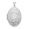 Sterling Silver Rhod-plated Floral Swirl Reversible 26mm Oval Locket, 33.3 x 19.6 mm