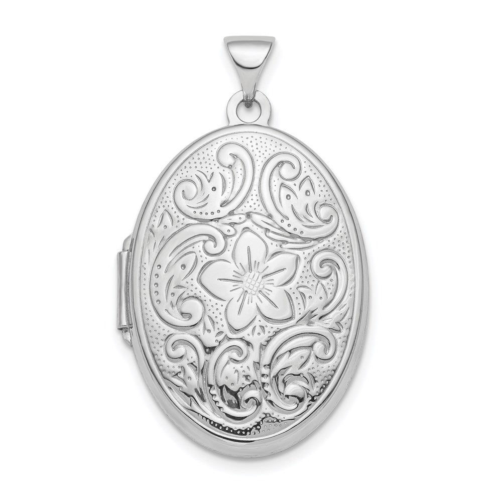 Sterling Silver Rhod-plated Floral Swirl Reversible 26mm Oval Locket, 33.3 x 19.6 mm