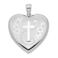 Sterling Silver Rhodium-plated 24mm D/C Cross Ash Holder Heart Locket, 30.25 x 23.75 mm