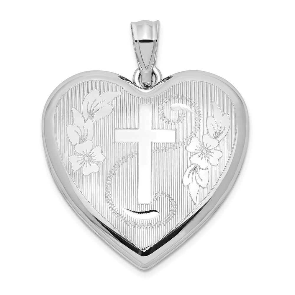 Sterling Silver Rhodium-plated 24mm D/C Cross Ash Holder Heart Locket, 30.25 x 23.75 mm