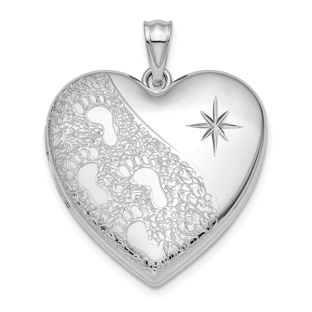 Sterling Silver Rhodium-plated 24mm D/C Footprints Ash Holder Heart Locket, 30.25 x 23.75 mm