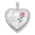 Sterling Silver Rhodium-plated 24mm Enameled Rose Ash Holder Heart Locket, 30.15 x 23.75 mm