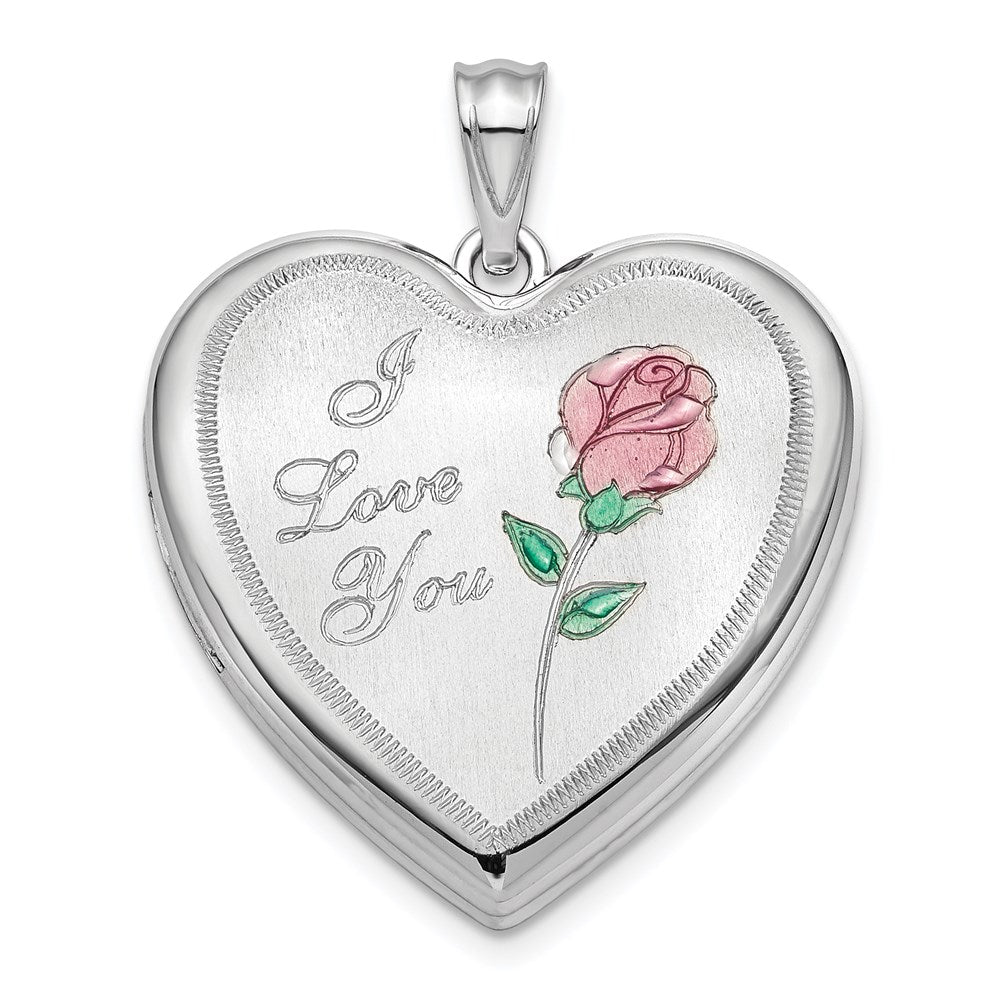 Sterling Silver Rhodium-plated 24mm Enameled Rose Ash Holder Heart Locket, 30.15 x 23.75 mm