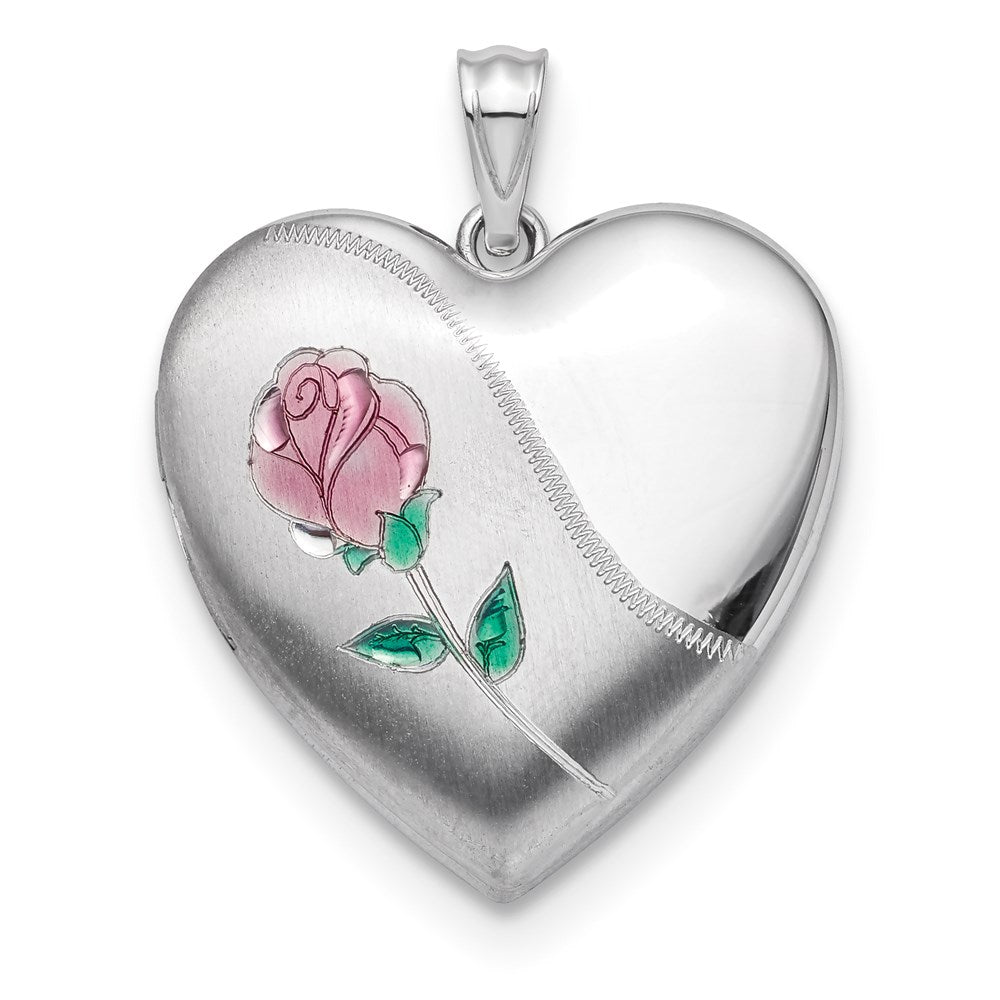Sterling Silver Rhodium-plated Satin Enamel Rose Ash Holder Heart Locket, 30.3 x 23.75 mm