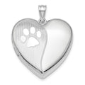 Sterling Silver Rhod-plated Satin/Pol Paw Prints Ash Holder Heart Locket, 30.5 x 23.8 mm