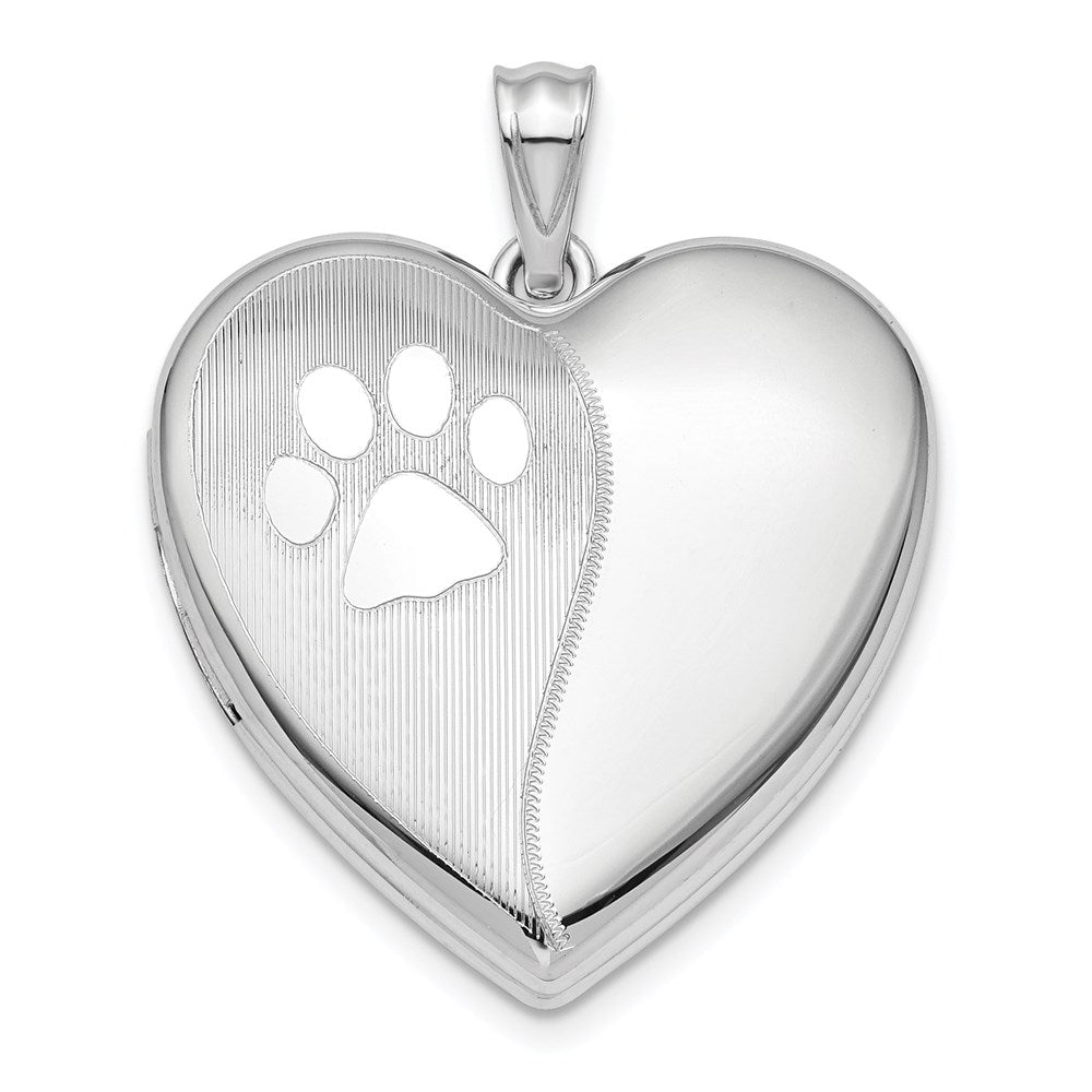 Sterling Silver Rhod-plated Satin/Pol Paw Prints Ash Holder Heart Locket, 30.5 x 23.8 mm