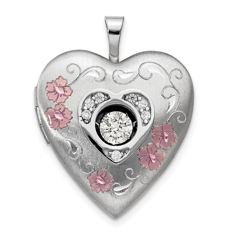 Sterling Silver RH-pltd Satin/Polish Enamel 20mm Vibrant CZ Heart Locket, 25.15 x 19.6 mm