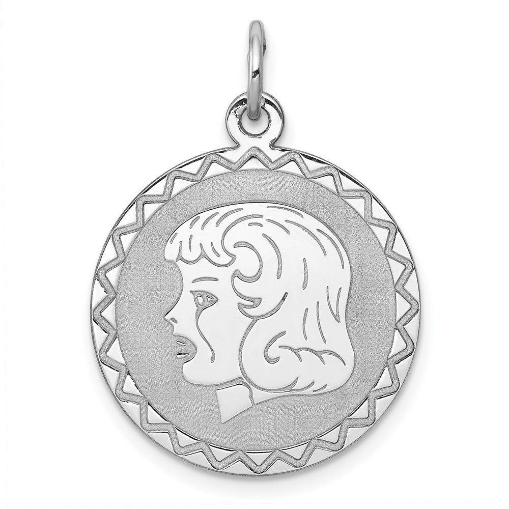 Sterling Silver Rhodium-plated Engravable Girl Disc Charm, 26 x 20 mm