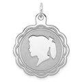 Sterling Silver Rhodium-plated Engraveable Girl Disc Charm, 29 x 23 mm