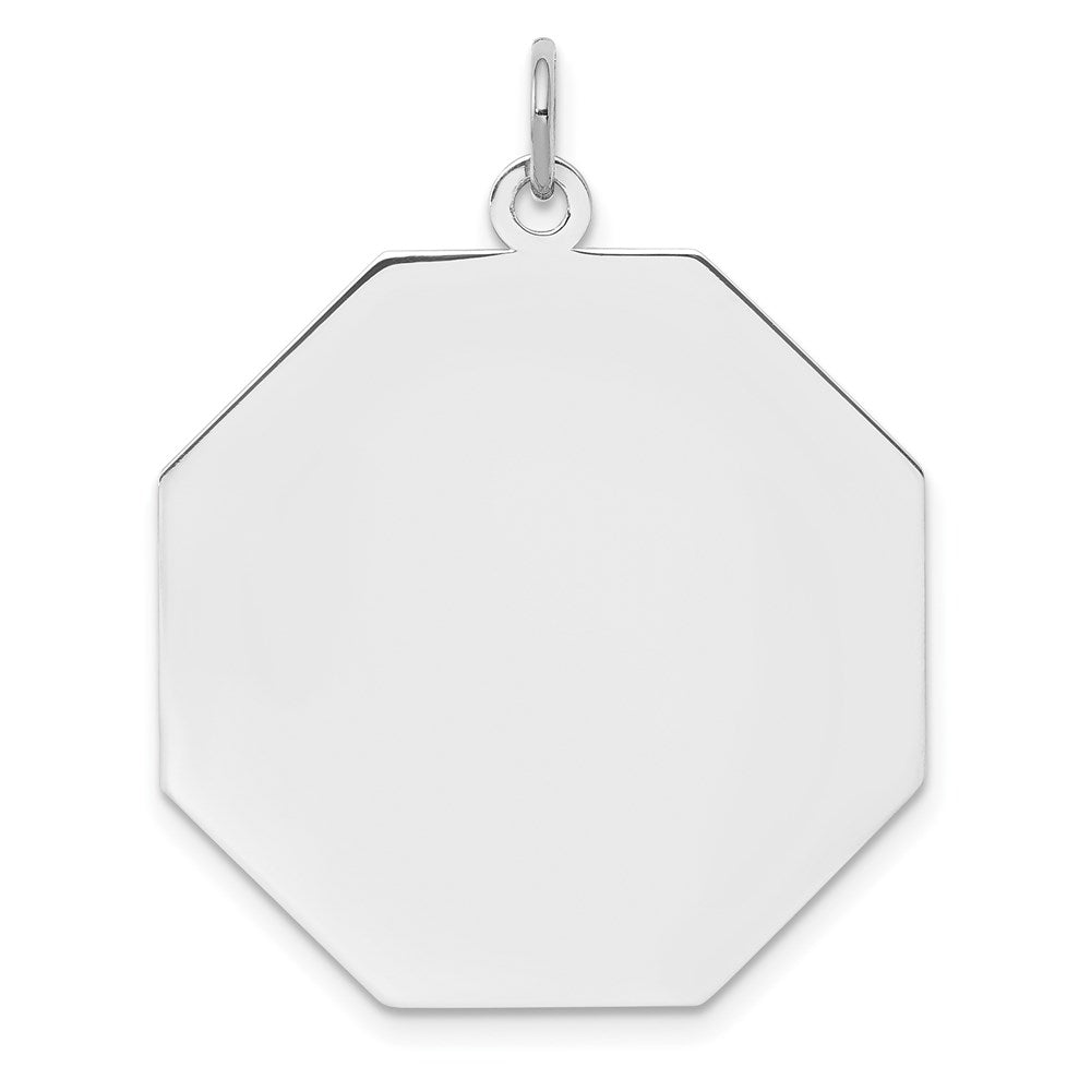 SS Rh-plt Engraveable Octagon Polished Front/Satin Back Disc Charm, 33 x 28 mm, 3.79 g