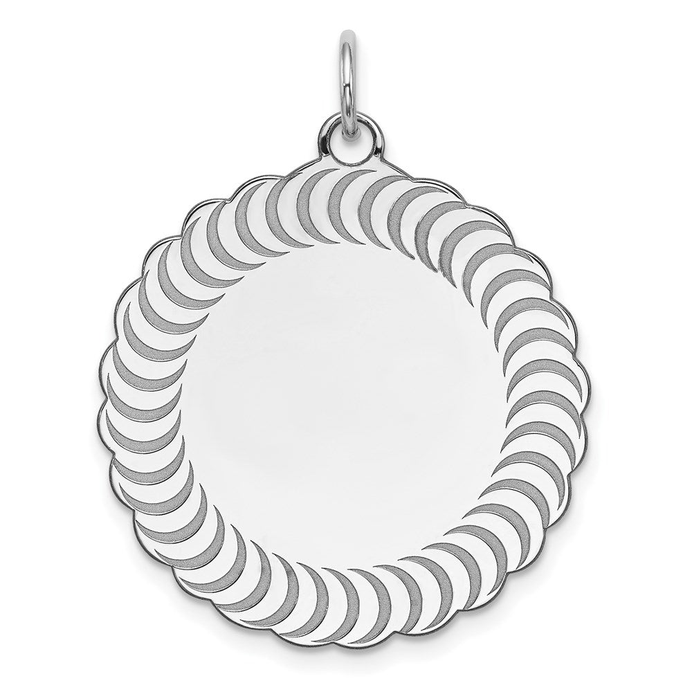 SS Rh-plt Engraveable Scalloped Patterned Polished Front/Satin Back Charm, 31 x 25 mm