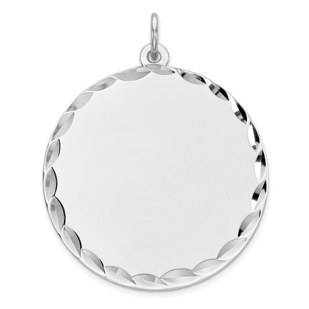 Sterling Silver Rhod-plated Eng. Rnd Polish Front/Satin Back Disc Charm, 32 x 26 mm, 4.06 g