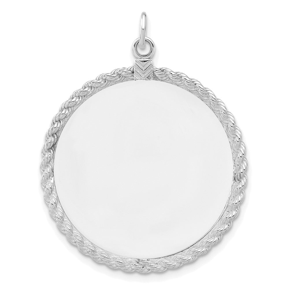 Sterling Silver Rhod-plated Eng. Rnd w/Rope Polish Front/Satin Back Disc, 39 x 28 mm