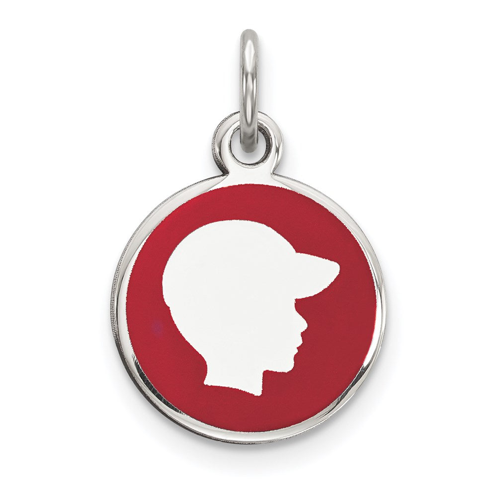 Sterling Silver Rhod-plate Red Enamel Right Facing Boy Head Disc Charm, 20 x 12 mm