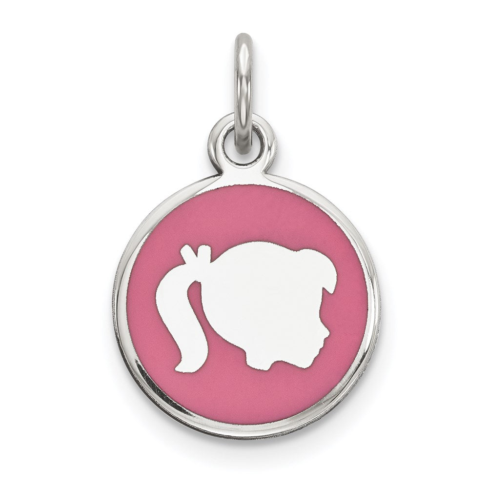 Sterling Silver Rhod-plate Pink Enamel Right Facing Girl Head Disc Charm, 20 x 12 mm