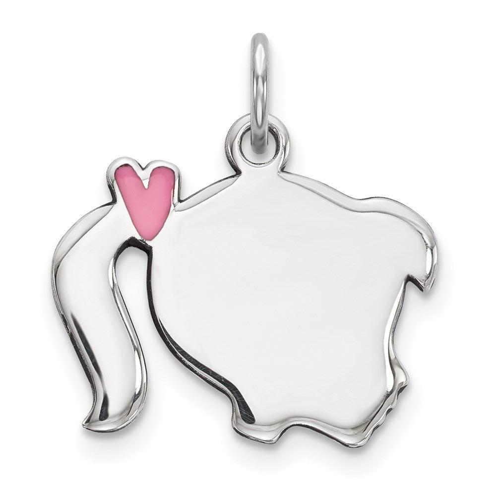 Sterling Silver Rhod-plate Pink Enamel Right Facing Girl Head Disc Charm, 20 x 17 mm