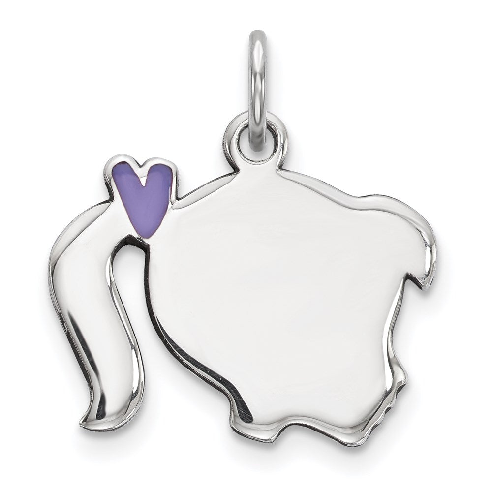 Sterling Silver Rhod-plate Purple Enamel Right Facing Girl Head Disc Charm, 20 x 17 mm