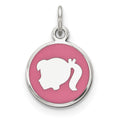 Sterling Silver Rhod-plate Pink Enamel Left Facing Girl Head Disc Charm, 20 x 12 mm