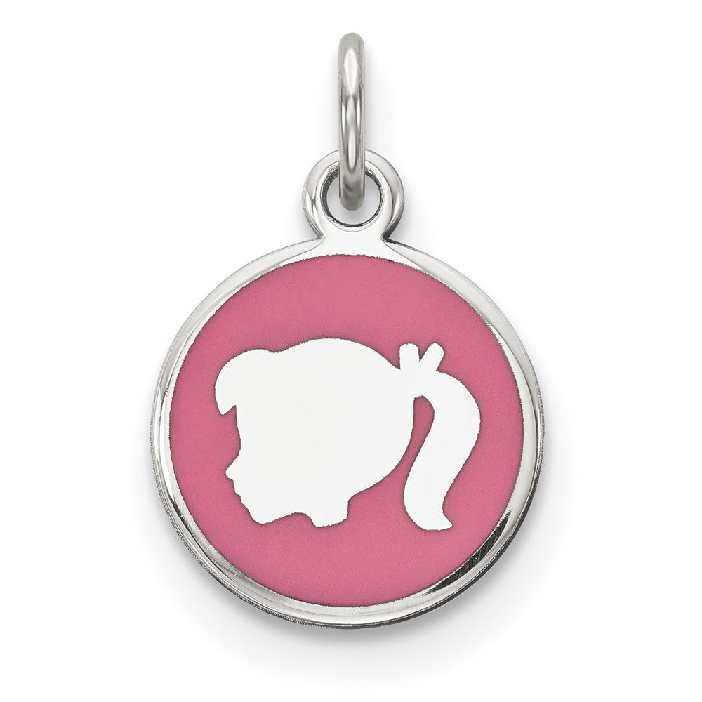 Sterling Silver Rhod-plate Pink Enamel Left Facing Girl Head Disc Charm, 20 x 12 mm