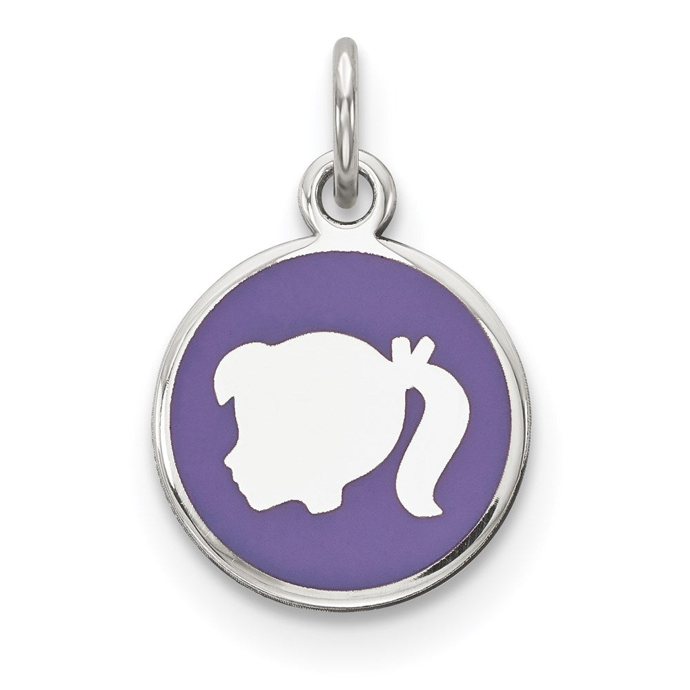 Sterling Silver Rhod-plate Purple Enamel Left Facing Girl Head Disc Charm, 20 x 12 mm