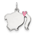 Sterling Silver Rhod-plate Pink Enamel Left Facing Girl Head Disc Charm, 20 x 17 mm