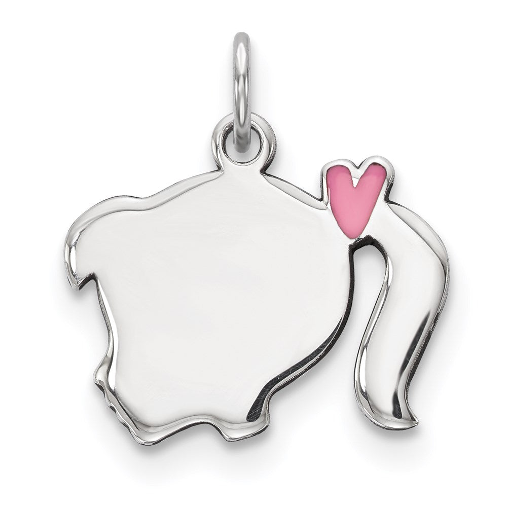 Sterling Silver Rhod-plate Pink Enamel Left Facing Girl Head Disc Charm, 20 x 17 mm