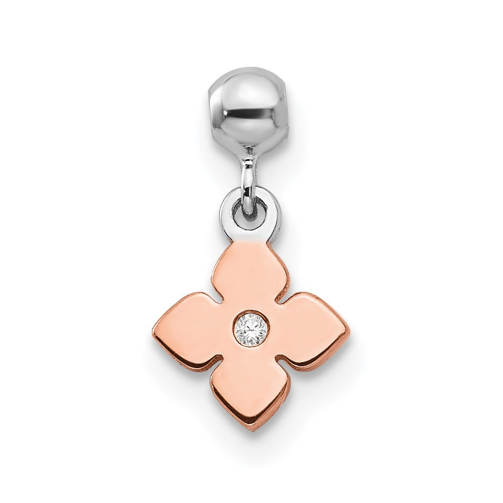 Mio Memento Sterling Silver Rhodium-plated Rose-tone CZ Flower Charm, 12.1 x 8.34 mm