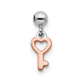 Mio Memento Sterling Silver Rhodium-plated Rose-tone Dangle Heart Key Charm, 12 x 4.3 mm