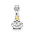 Mio Memento Sterling Silver Rhodium-plated Gold-tone CZ Dangle Crown Charm, 11.8 x 5.88 mm