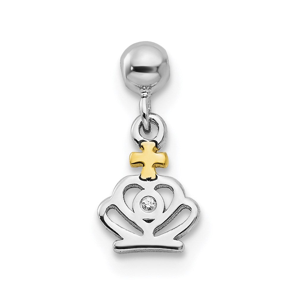 Mio Memento Sterling Silver Rhodium-plated Gold-tone CZ Dangle Crown Charm, 11.8 x 5.88 mm