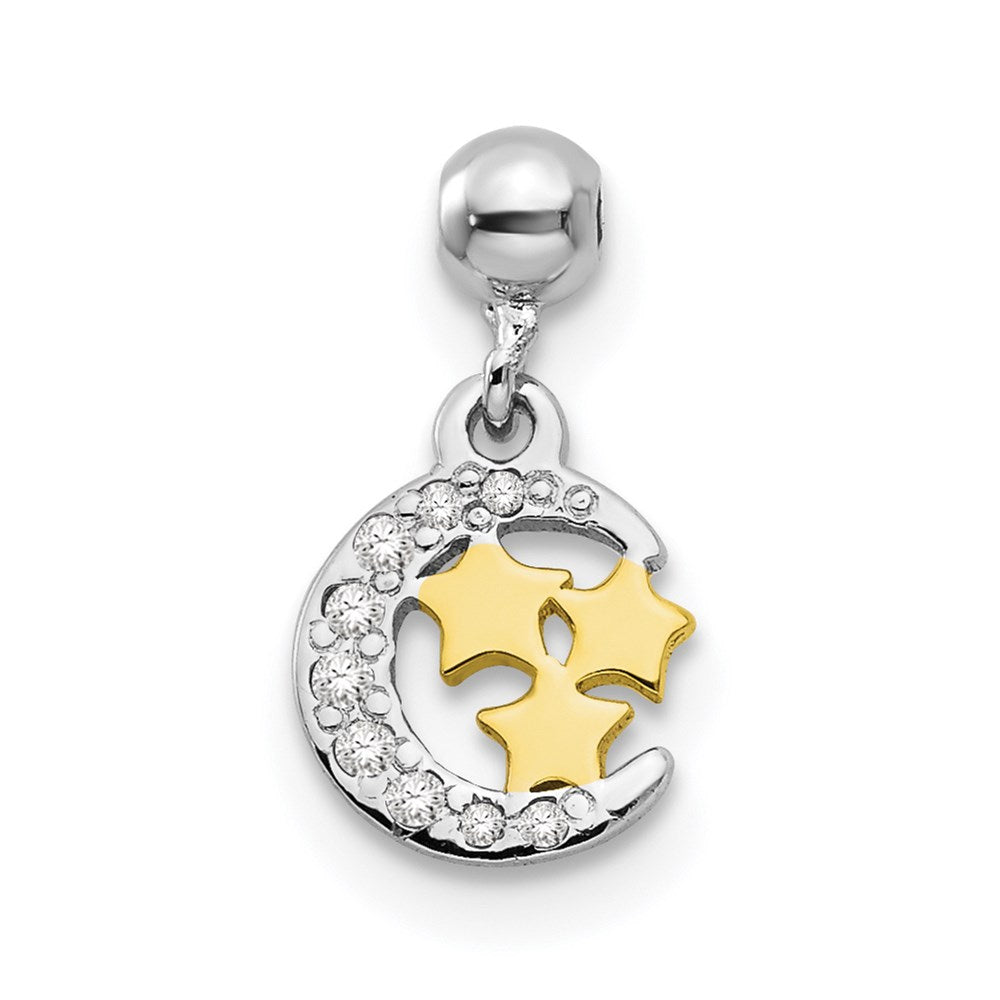 Mio Memento Sterling Silver Rhodium-plated Gold-tone CZ Dangle Moon Charm, 12.1 x 6.78 mm