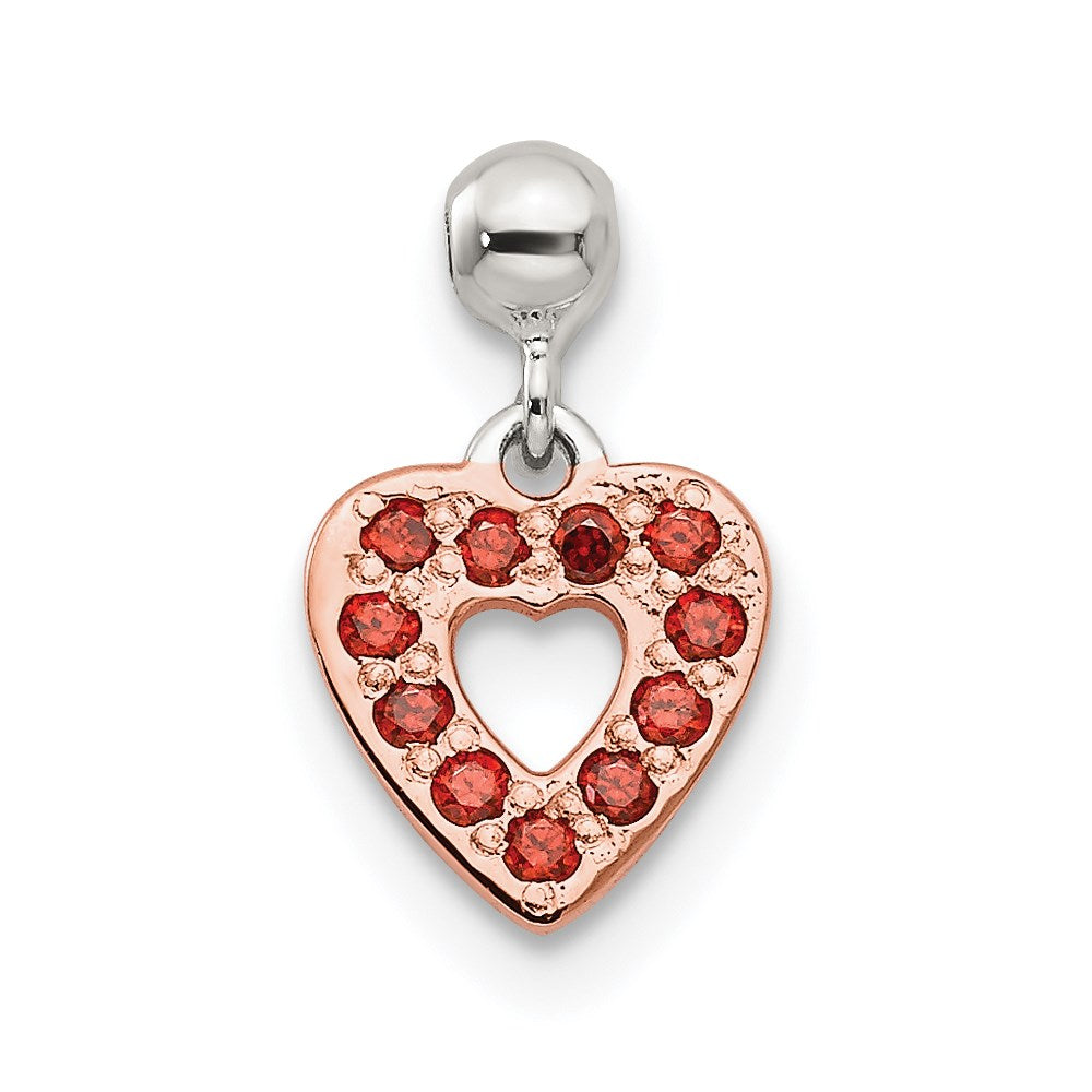 Mio Memento Sterling Silver Rose-tone Red CZ Dangle Heart Charm, 12.2 x 7.1 mm