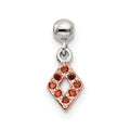 Mio Memento Sterling Silver Rose-tone Red CZ Dangle Diamond Shaped Charm, 12 x 4.6 mm