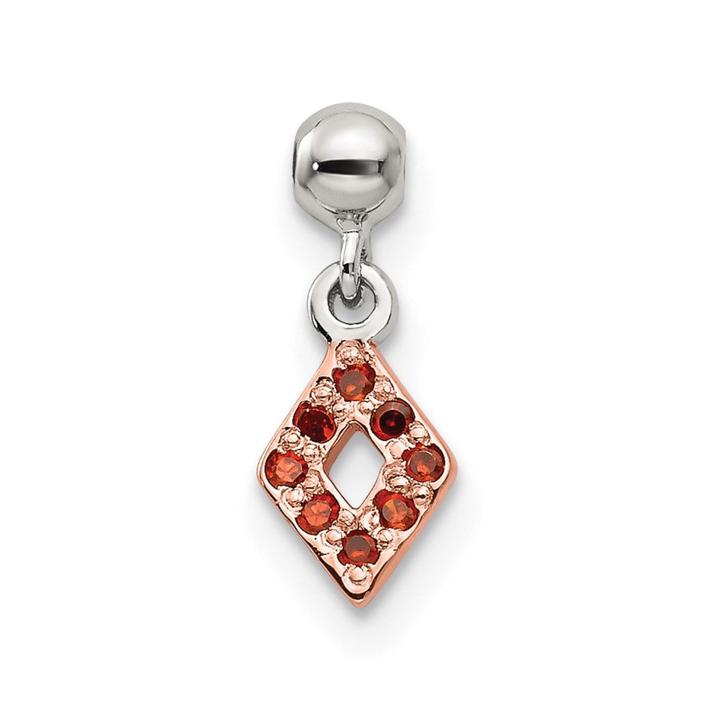Mio Memento Sterling Silver Rose-tone Red CZ Dangle Diamond Shaped Charm, 12 x 4.6 mm